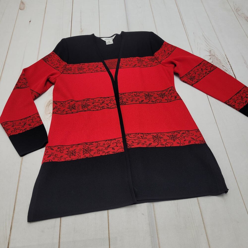 Exclusively Misook black red long long-line cardigan open front sweater medium